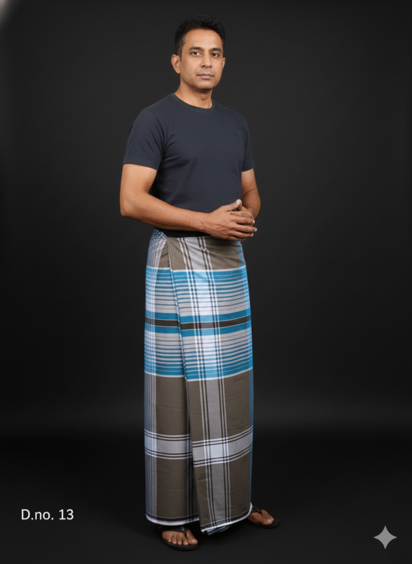 Men's Distinctive Plaid Lungi - Khaki, Blue & Grey Check