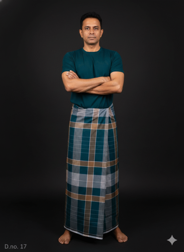 Men's Elegant Lungi - Deep Teal, Tan & White Plaid Design