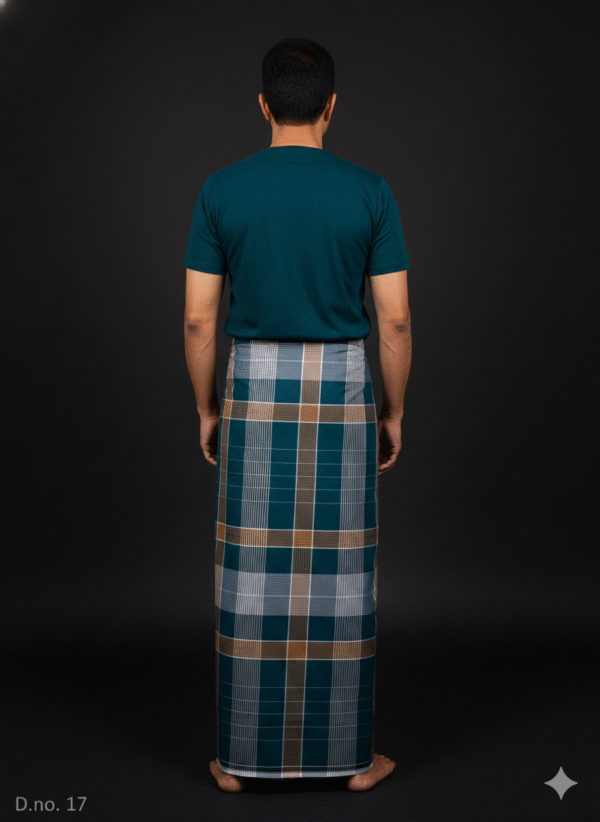 Men's Elegant Lungi - Deep Teal, Tan & White Plaid Design