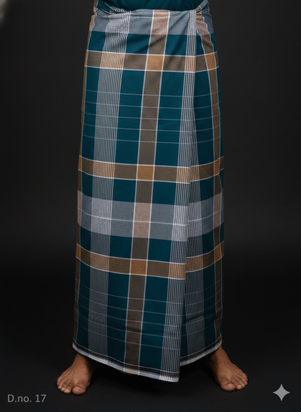 Men's Elegant Lungi - Deep Teal, Tan & White Plaid Design