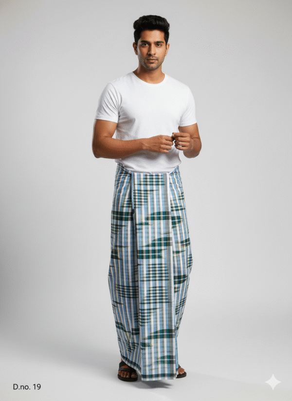 Men's Fresh Plaid Lungi - Blue, Green & White Check Design