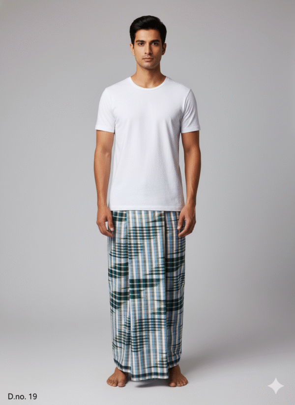 Men's Fresh Plaid Lungi - Blue, Green & White Check Design