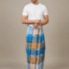 Men's Distinctive Plaid Lungi - Tan, Vibrant Blue & White Check