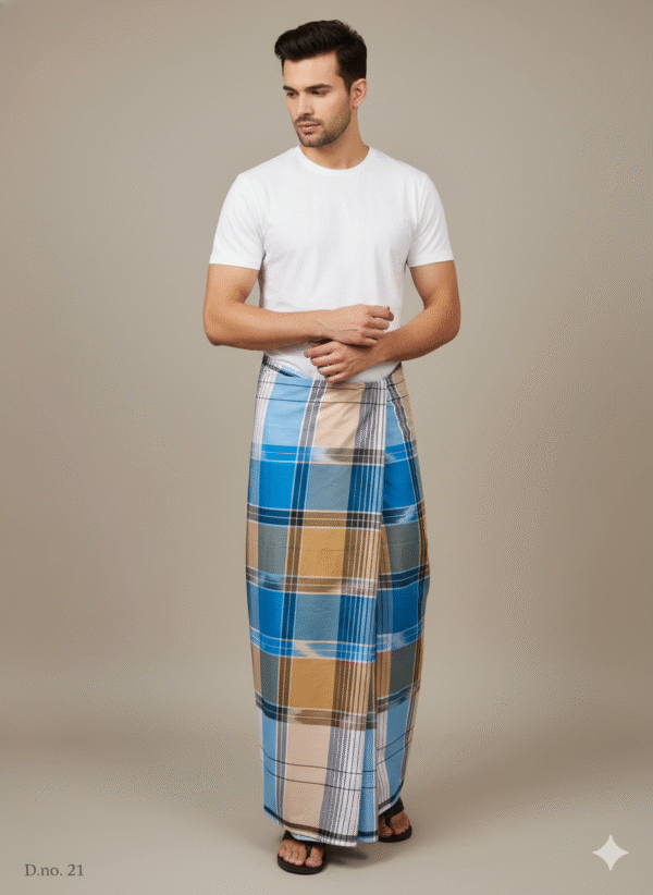 Men's Distinctive Plaid Lungi - Tan, Vibrant Blue & White Check