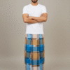 Men's Distinctive Plaid Lungi - Tan, Vibrant Blue & White Check