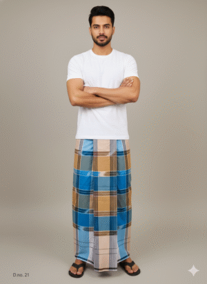 Generated Image November 28, 2025 - 6_23PM Men's Distinctive Plaid Lungi - Tan, Vibrant Blue & White Check