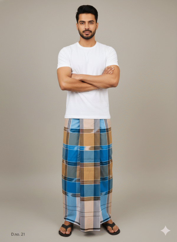 Men's Distinctive Plaid Lungi - Tan, Vibrant Blue & White Check
