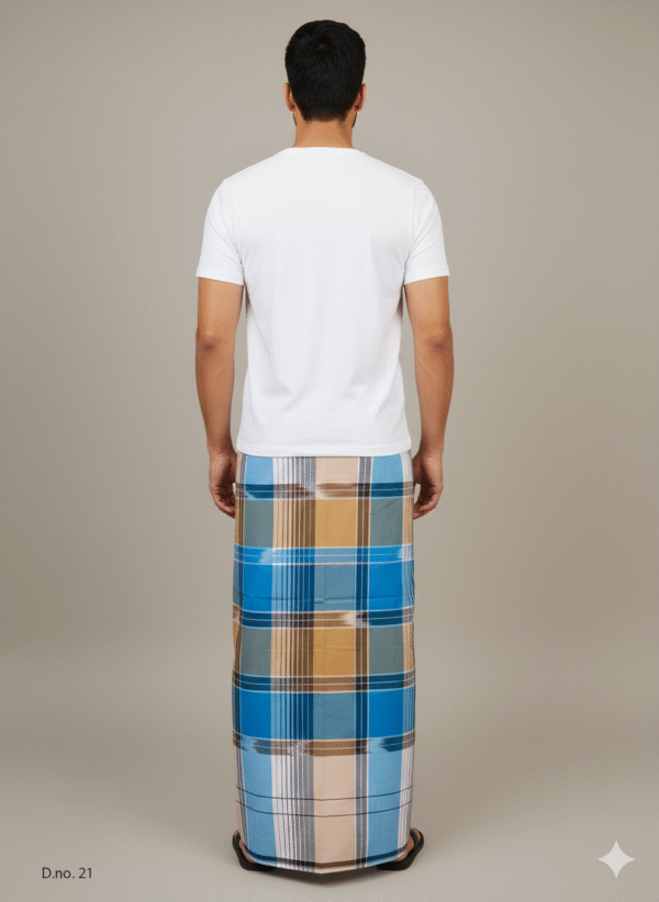 Men's Distinctive Plaid Lungi - Tan, Vibrant Blue & White Check