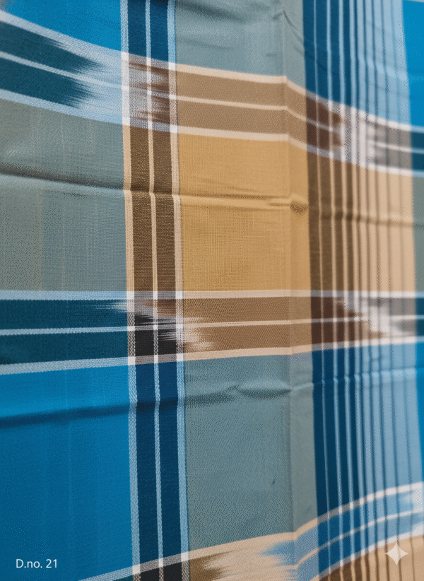 Men's Distinctive Plaid Lungi - Tan, Vibrant Blue & White Check