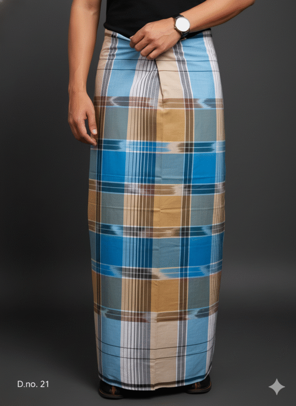 Men's Distinctive Plaid Lungi - Tan, Vibrant Blue & White Check