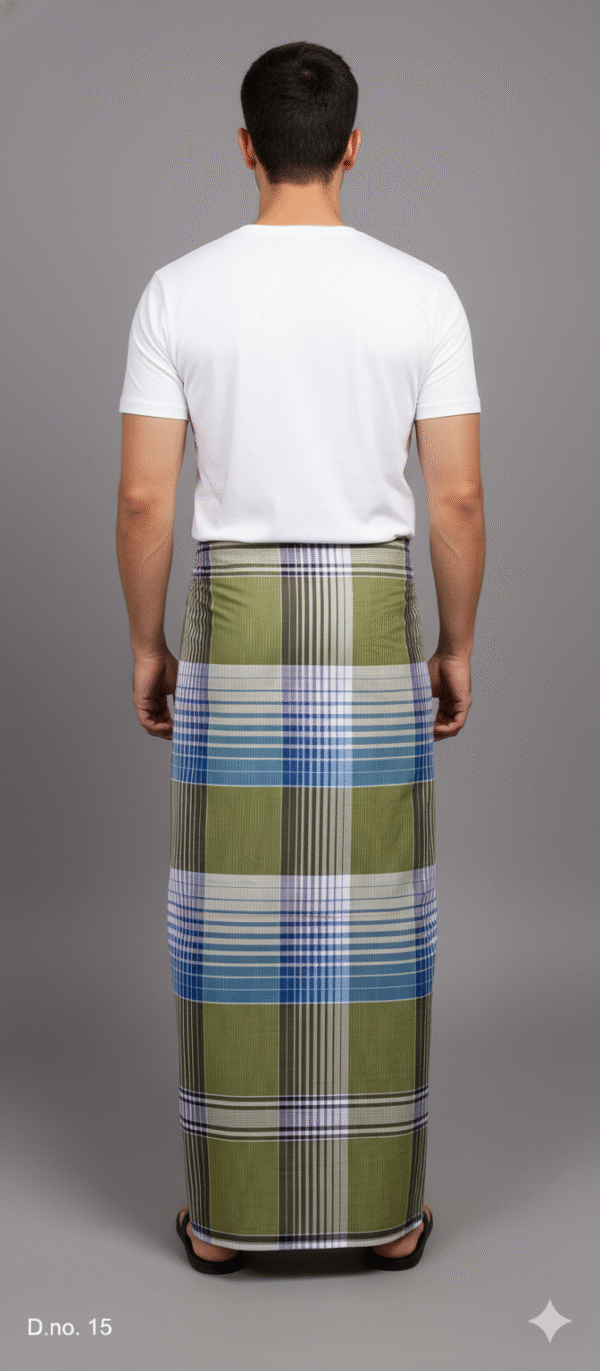 Men's Distinctive Plaid Lungi - Tan, Vibrant Blue & White Check