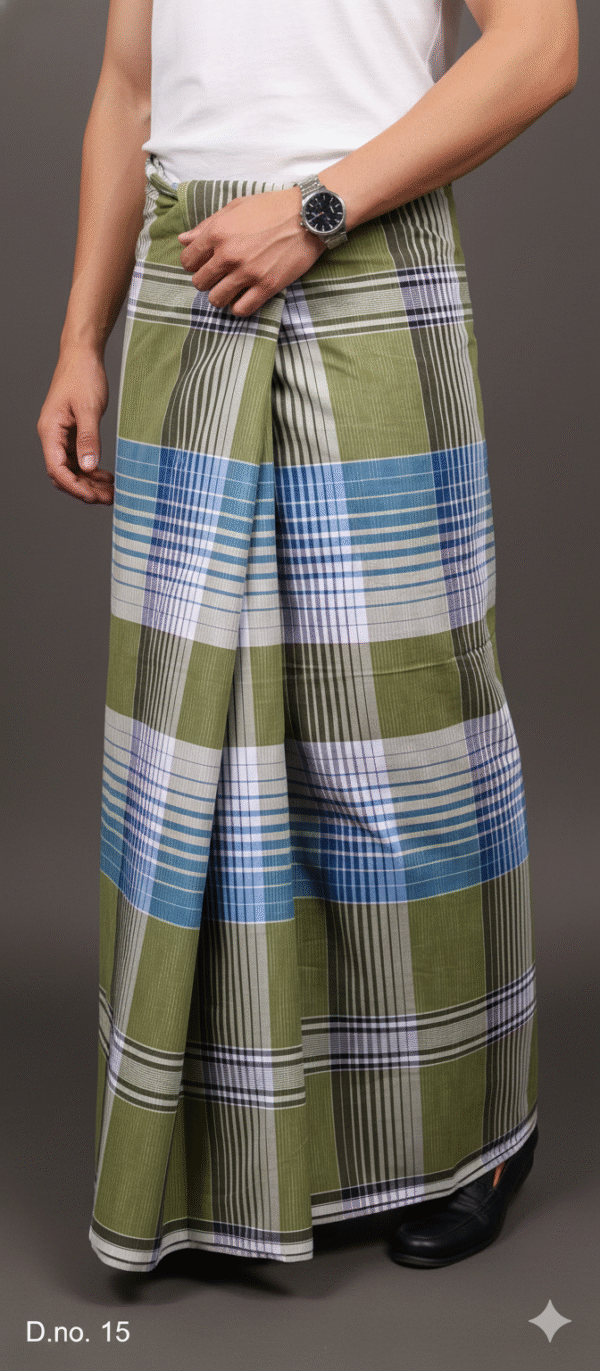 Men's Distinctive Plaid Lungi - Tan, Vibrant Blue & White Check