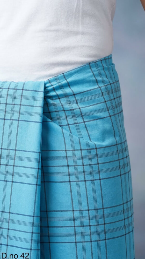 Men's Vibrant Polyester Lungi - Aqua Blue with Dark Grid Check (2.25 Meters) - D.no. 42