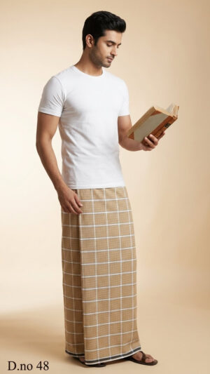 Men's Classic Polyester Lungi - Beige with White Grid Check (2.25 Meters) - D.no. 48