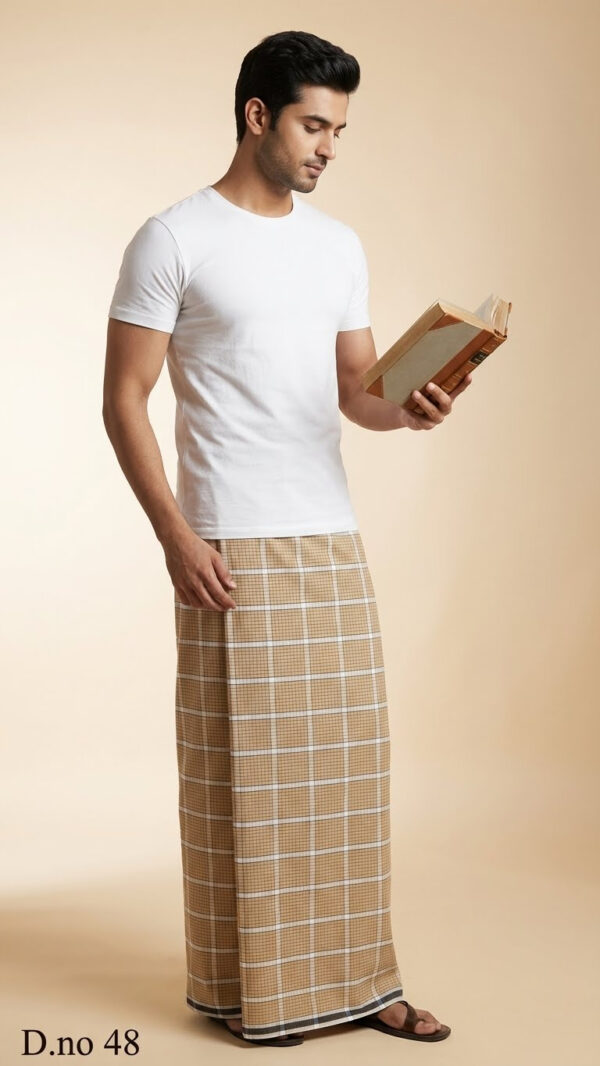 Men's Classic Polyester Lungi - Beige with White Grid Check (2.25 Meters) - D.no. 48