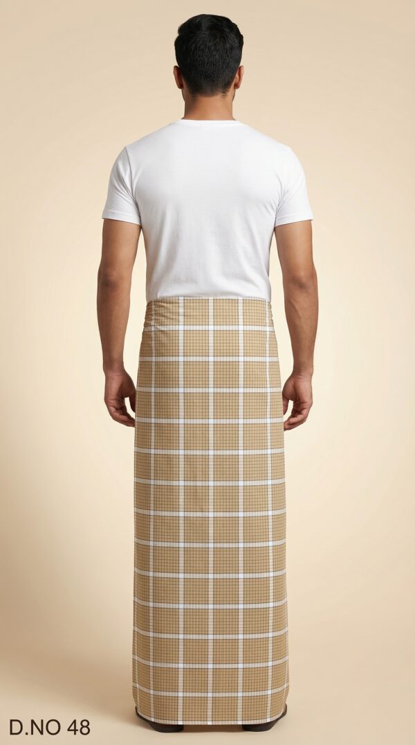 Men's Classic Polyester Lungi - Beige with White Grid Check (2.25 Meters) - D.no. 48