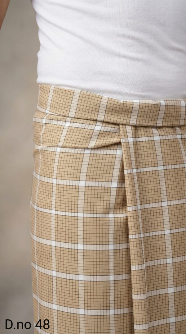 Men's Classic Polyester Lungi - Beige with White Grid Check (2.25 Meters) - D.no. 48