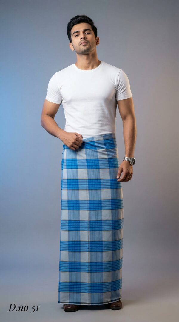 Men's Serene Polyester Lungi - Blue & Grey Check (2.25 Meters) - D.no. 51