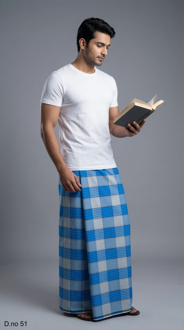 Men's Serene Polyester Lungi - Blue & Grey Check (2.25 Meters) - D.no. 51