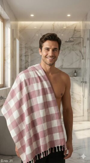 Soft Pink & White Gingham Checkered Cotton Towel | Premium Bath Gamcha with Tassels