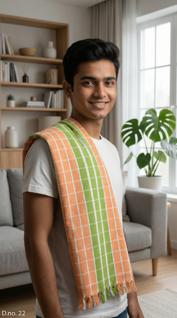 gemini-3-pro-image-preview-2k (nano-banana-pro)_a_{__ratio____9_16_, (3) Fresh Orange & Lime Green Checkered Cotton Gamcha | Soft Angvastra with Tassels