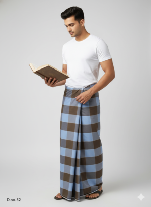 Men's Classic Polyester Lungi - Brown & Light Blue Check (2.25 Meters) - D.no. 52