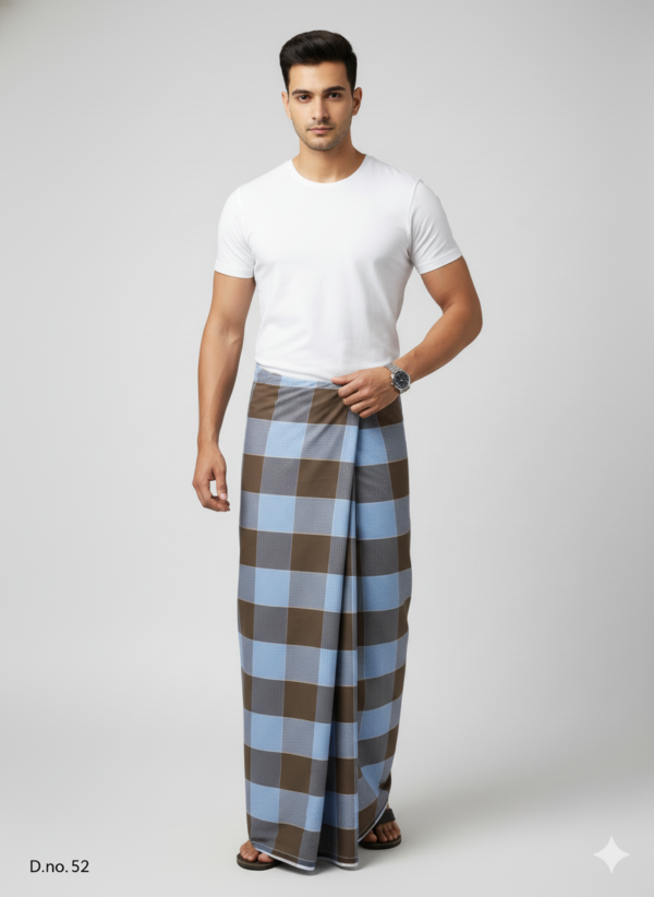 Men's Classic Polyester Lungi - Brown & Light Blue Check (2.25 Meters) - D.no. 52