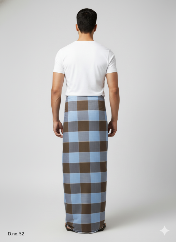 Men's Classic Polyester Lungi - Brown & Light Blue Check (2.25 Meters) - D.no. 52
