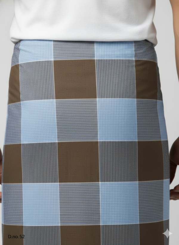 Men's Classic Polyester Lungi - Brown & Light Blue Check (2.25 Meters) - D.no. 52