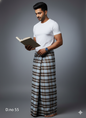 Men's Refined Polyester Lungi - Brown, Grey & Blue Check (2.25 Meters) - D.no. 55