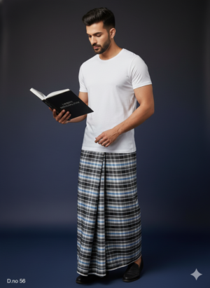 Men's Urban Polyester Lungi - Grey, Black & Blue Check (2.25 Meters) - D.no. 56