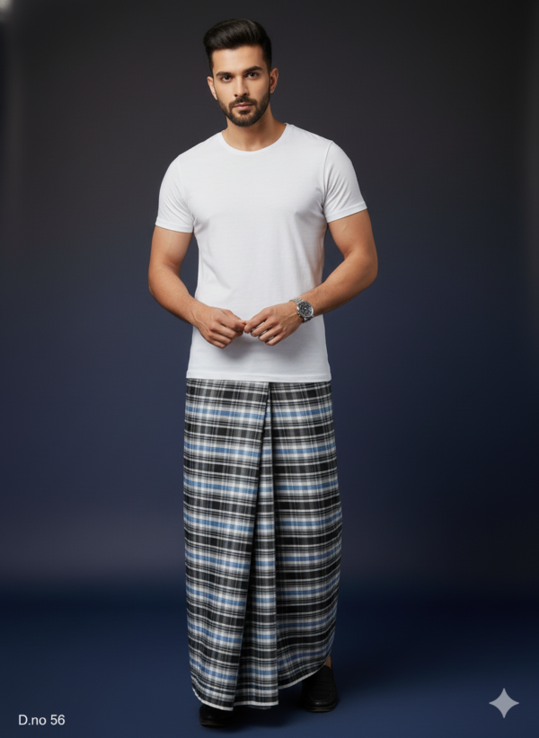 Generated Image December 29, 2025 - 2_57AM Men's Urban Polyester Lungi - Grey, Black & Blue Check (2.25 Meters) - D.no. 56