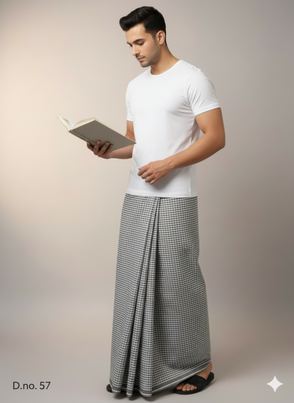 Men's Textured Polyester Lungi - Black & White Micro-Check (2.25 Meters) - D.no. 57