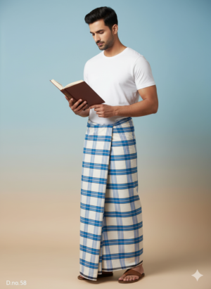 Men's Fresh Polyester Lungi - White & Blue Check (2.25 Meters) - D.no. 58