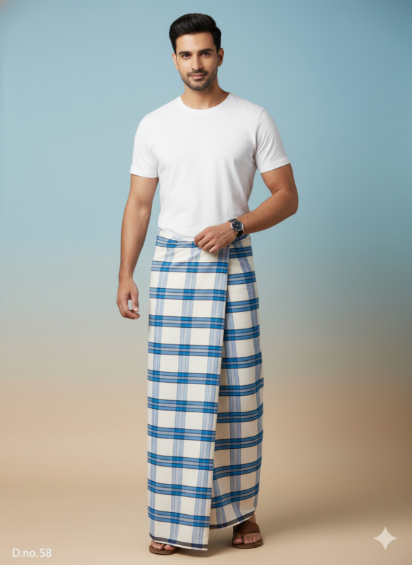 Men's Fresh Polyester Lungi - White & Blue Check (2.25 Meters) - D.no. 58
