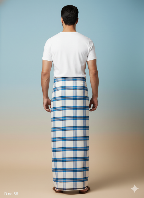 Men's Fresh Polyester Lungi - White & Blue Check (2.25 Meters) - D.no. 58