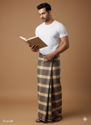 Men's Earthy Polyester Lungi - Brown & Beige Check (2.25 Meters) - D.no. 60