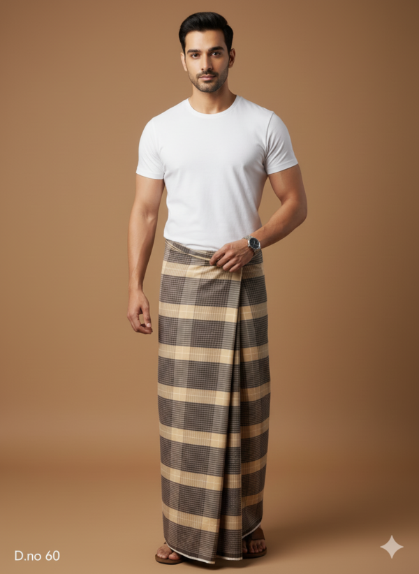 Men's Earthy Polyester Lungi - Brown & Beige Check (2.25 Meters) - D.no. 60