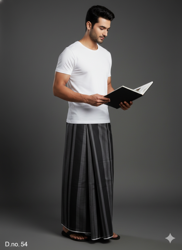 Men's Sophisticated Polyester Lungi - Black & Grey Vertical Stripes (2.25 Meters) - D.no. 54