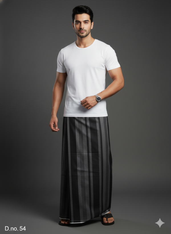 Men's Sophisticated Polyester Lungi - Black & Grey Vertical Stripes (2.25 Meters) - D.no. 54