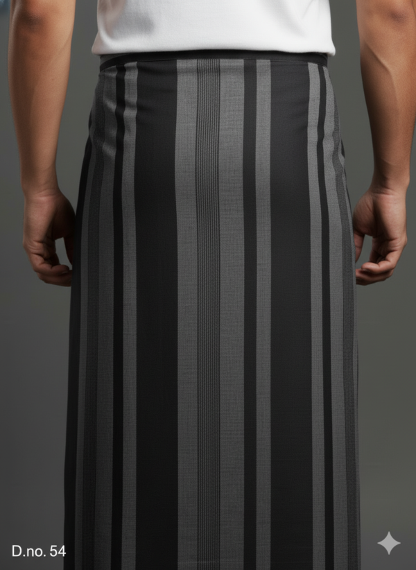 Men's Sophisticated Polyester Lungi - Black & Grey Vertical Stripes (2.25 Meters) - D.no. 54