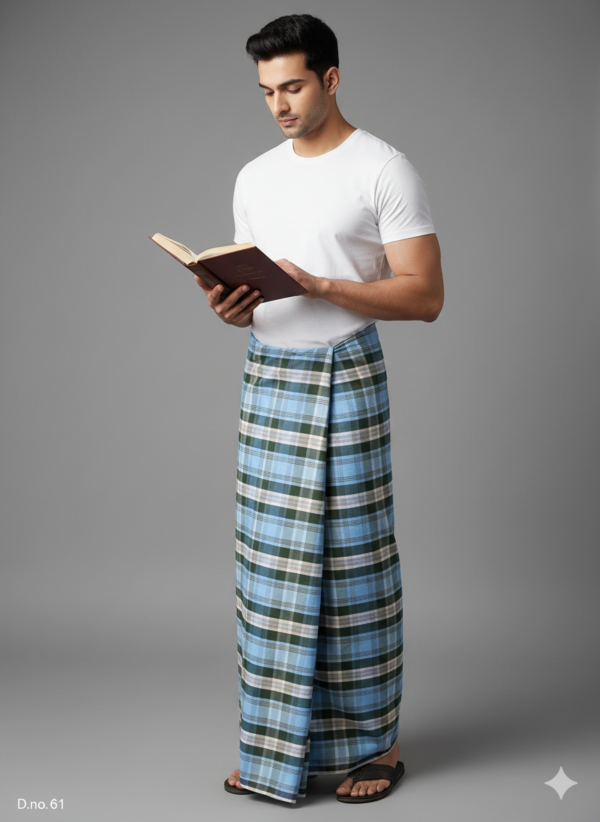 Men's Refreshing Polyester Lungi - Sky Blue & Forest Green Check (2.25 Meters) - D.no. 61
