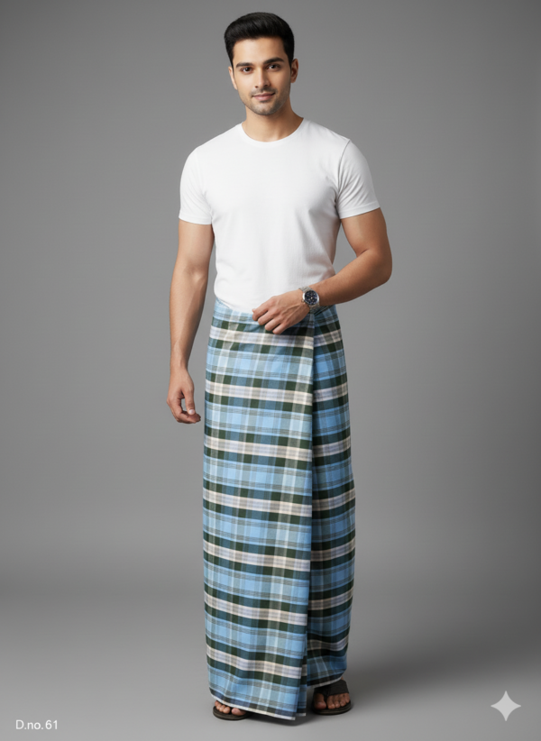 Men's Refreshing Polyester Lungi - Sky Blue & Forest Green Check (2.25 Meters) - D.no. 61