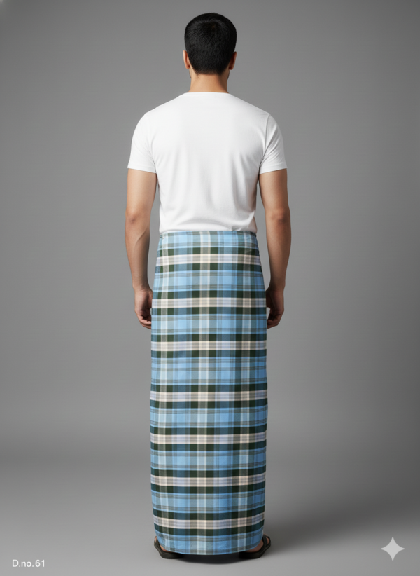Men's Refreshing Polyester Lungi - Sky Blue & Forest Green Check (2.25 Meters) - D.no. 61