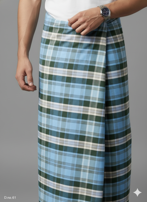 Men's Refreshing Polyester Lungi - Sky Blue & Forest Green Check (2.25 Meters) - D.no. 61