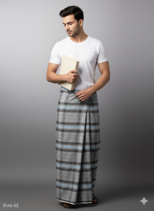 Men's Professional Polyester Lungi - Grey with Blue Accents (2.25 Meters) - D.no. 62