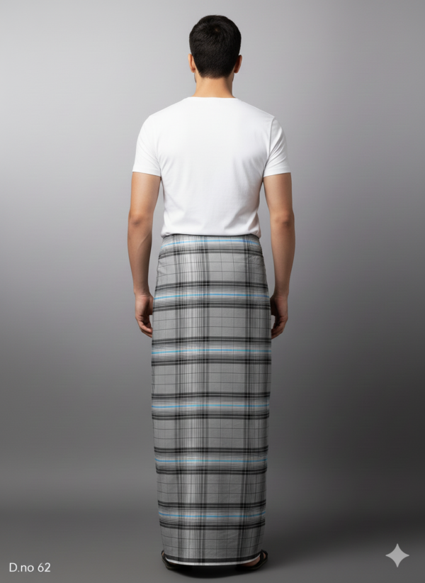 Men's Professional Polyester Lungi - Grey with Blue Accents (2.25 Meters) - D.no. 62