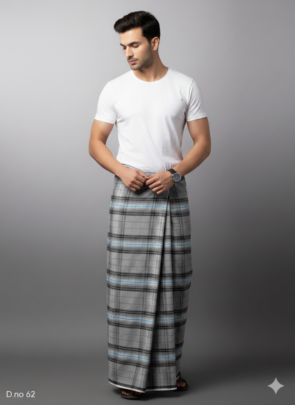 Men's Professional Polyester Lungi - Grey with Blue Accents (2.25 Meters) - D.no. 62
