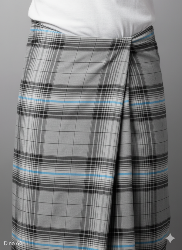 Men's Professional Polyester Lungi - Grey with Blue Accents (2.25 Meters) - D.no. 62