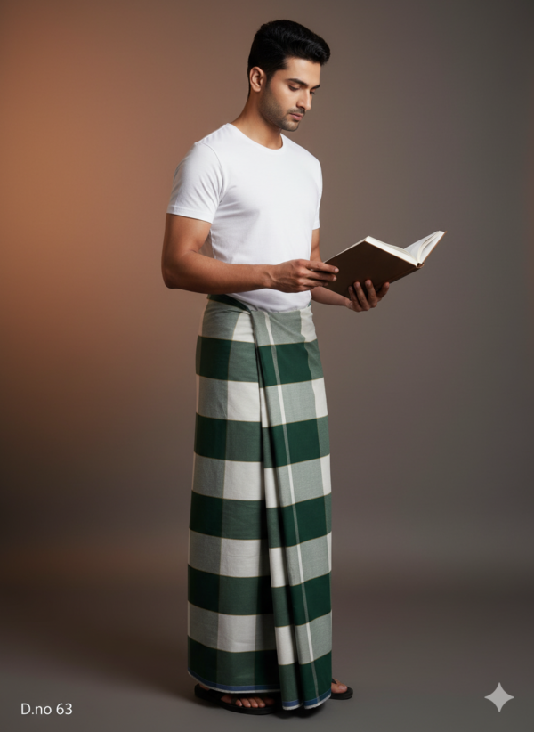 Men's Natural Polyester Lungi - Forest Green & White Check (2.25 Meters) - D.no. 63